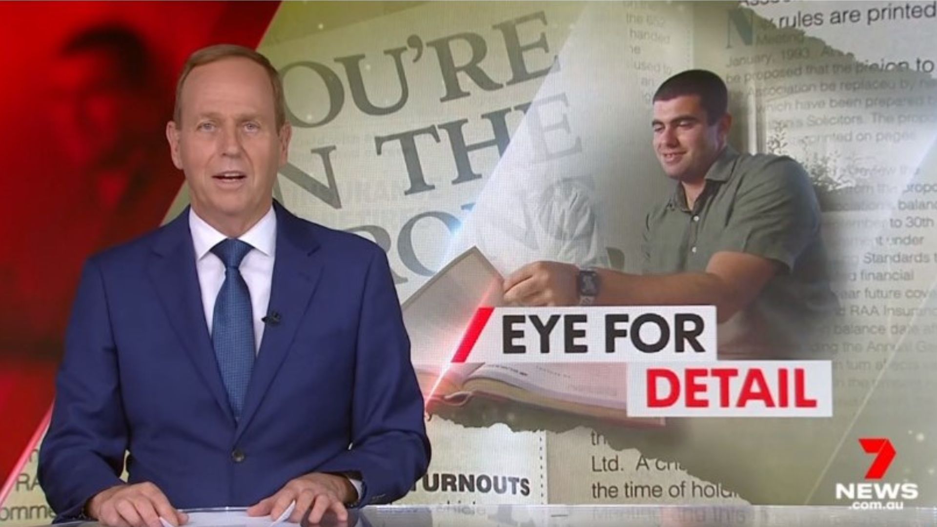7NEWS anchor reads news. Headline text reads: Eye for detail